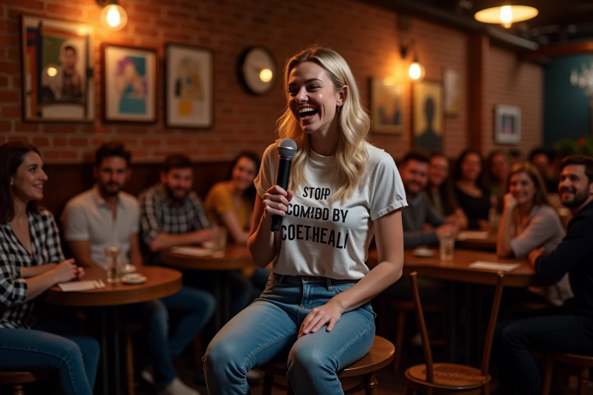 Comédienne blonde en stand-up dans un club de comédie
