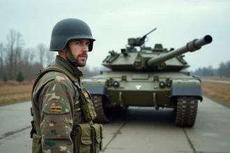 Commandant de tank français près d'un Leclerc en camouflage