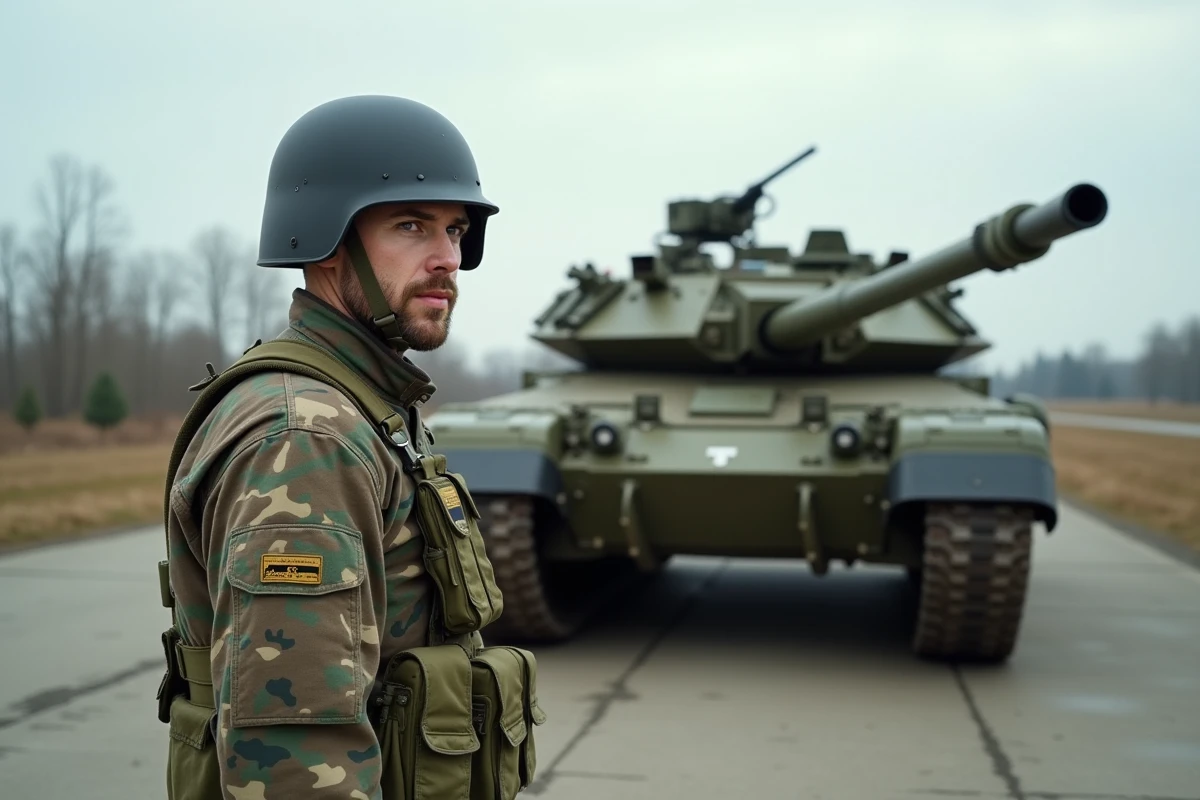 Commandant de tank français près d'un Leclerc en camouflage