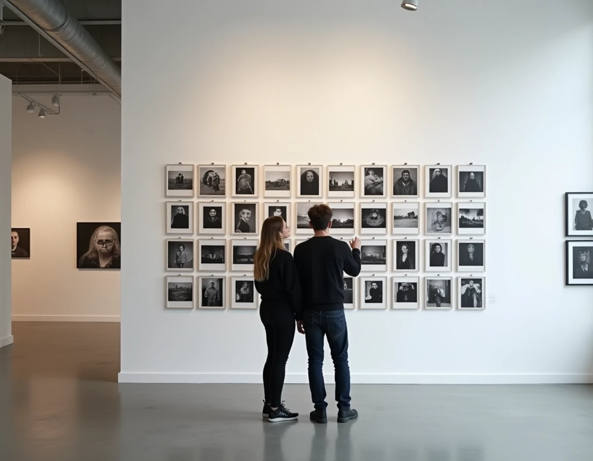 Deux commissaires d'exposition discutant devant un accrochage de photographies d'archives en galerie