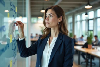 Femme professionnelle devant un tableau blanc avec des mots-clés de communication d'entreprise en réunion stratégique