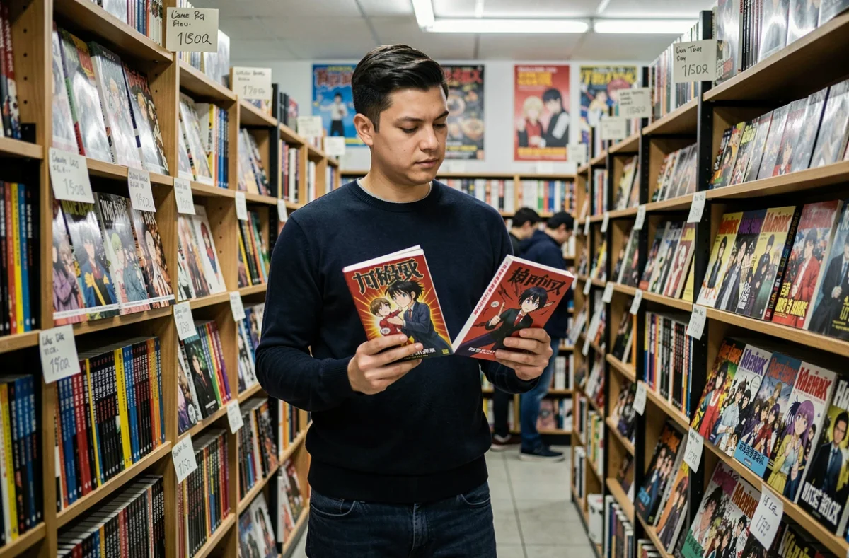 Homme comparant deux volumes de manhwa dans une librairie spécialisée en comics et mangas pour identifier les meilleures sorties
