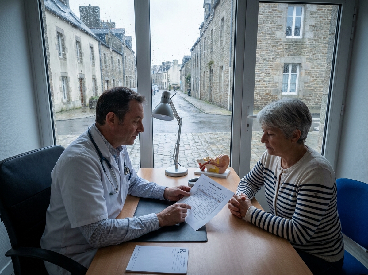 Médecin et patiente bretonne analysant ensemble des résultats d'audiogramme lors d'une consultation de dépistage auditif en Bretagne