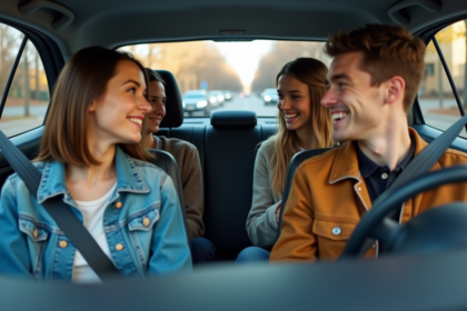 Trois adultes souriants dans une voiture moderne en ville