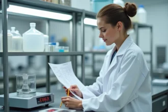 Scientifique en blouse blanche consultant un tableau de conversion tonne en kilogramme dans un laboratoire industriel