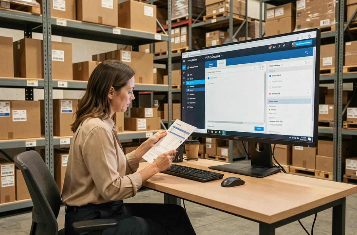 Coordinatrice logistique comparant un formulaire douanier papier avec l'interface numérique ProDouane dans un bureau d'entrepôt