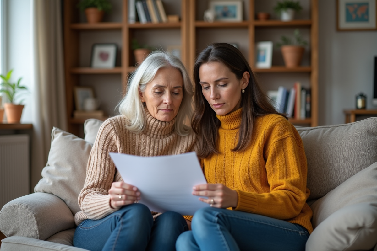 Couple adulte discutant de documents d'adoption dans un salon chaleureux