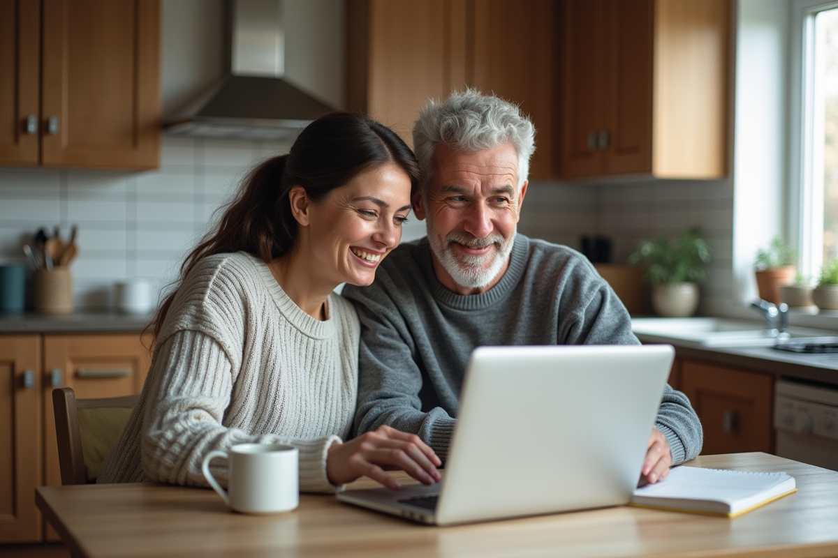 Couple discutant de finances à la cuisine chaleureuse