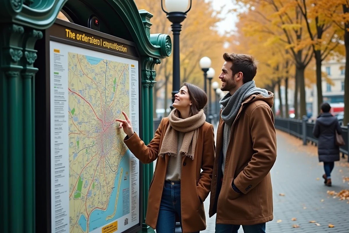 Couple consultant un plan des arrondissements de Paris affiché près d'une entrée de métro en automne