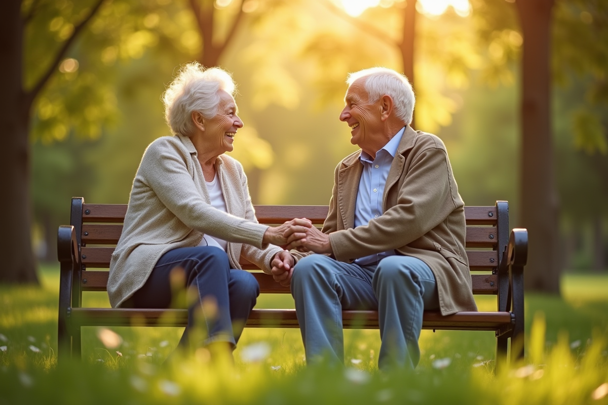 Couple senior se tenant la main dans un parc ensoleille