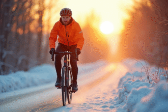 Cycliste sur route enneigée au lever du soleil en hiver