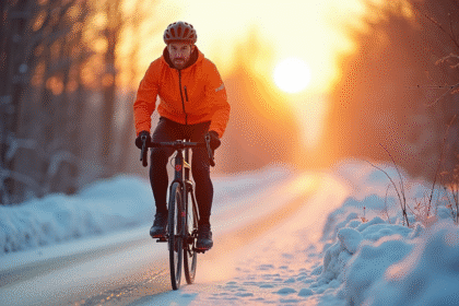 Cycliste sur route enneigée au lever du soleil en hiver