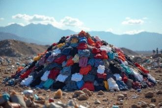 Montagne de vetements colorés jetes en decharge en plein jour