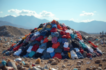 Montagne de vetements colorés jetes en decharge en plein jour
