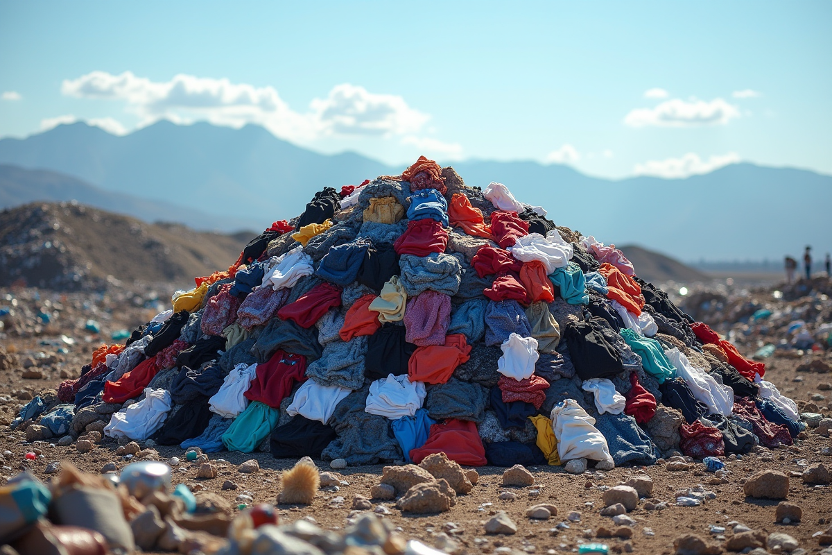 Montagne de vetements colorés jetes en decharge en plein jour