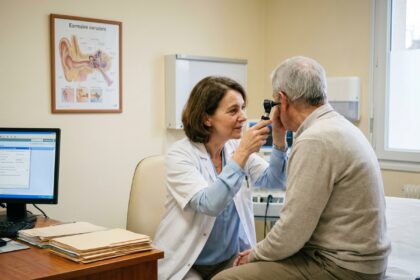 Médecin généraliste examinant l'oreille d'un patient âgé lors d'un dépistage auditif en cabinet de médecine générale en Bretagne