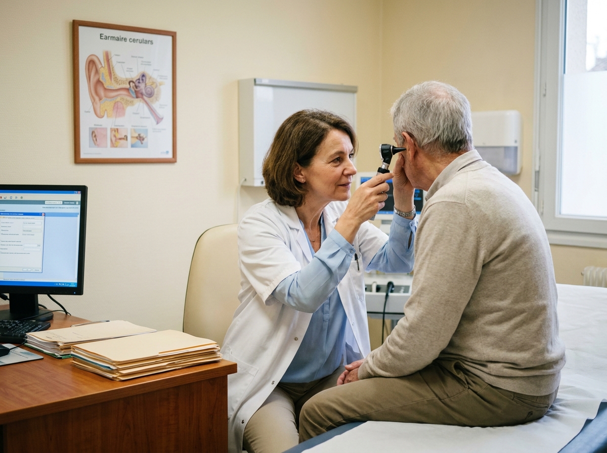 Médecin généraliste examinant l'oreille d'un patient âgé lors d'un dépistage auditif en cabinet de médecine générale en Bretagne