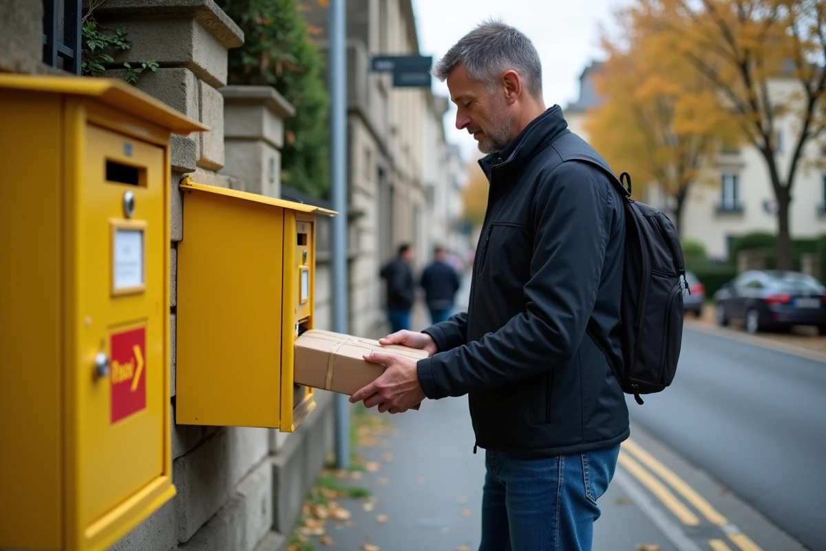 Homme déposant un colis de retour dans une boîte aux lettres La Poste en milieu urbain
