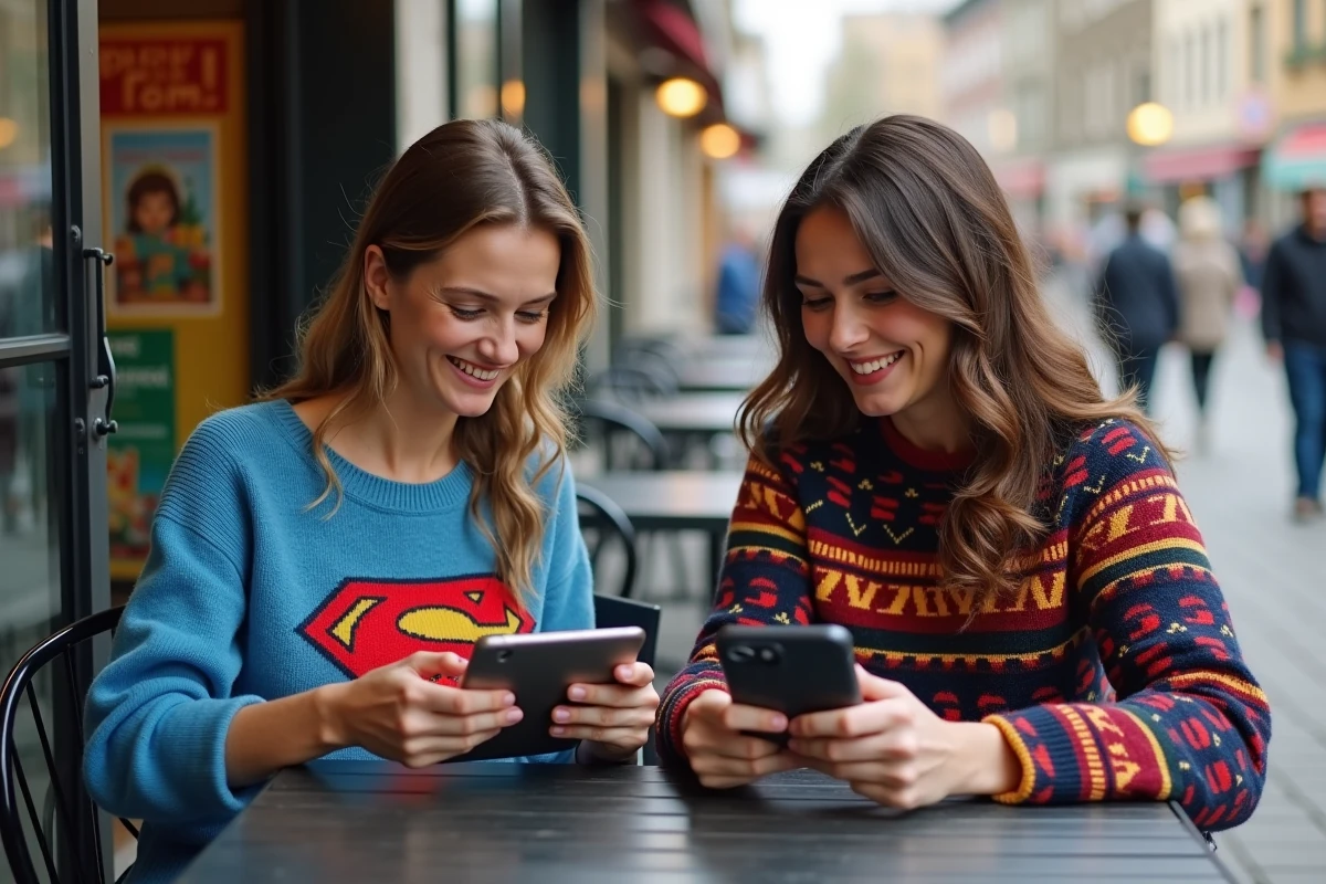 Deux femmes discutent de profils geek sur leur smartphone en terrasse