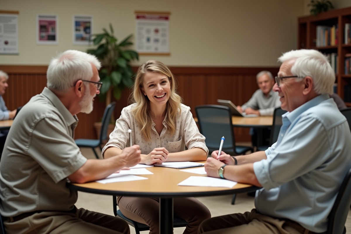 Jeune femme discutant avec deux hommes âgés dans un centre communautaire