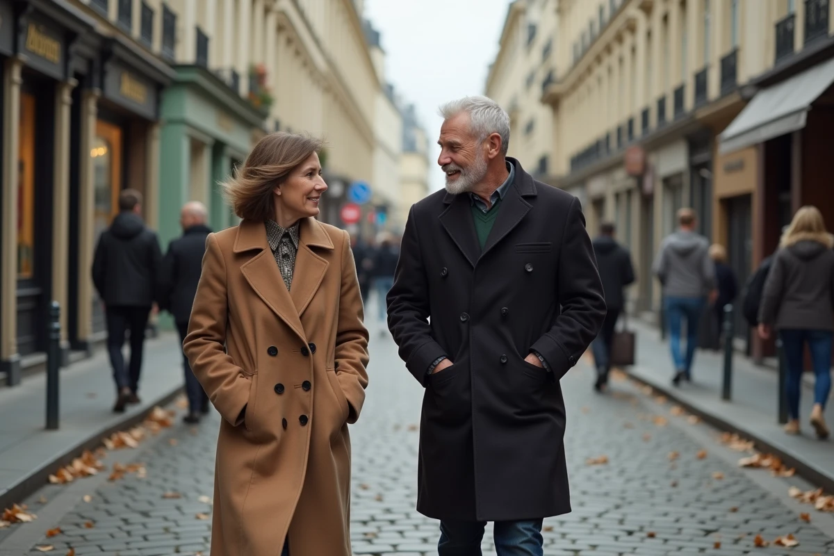 Deux personnalités publiques en conversation animée dans une rue pavée du Paris haussmannien en automne