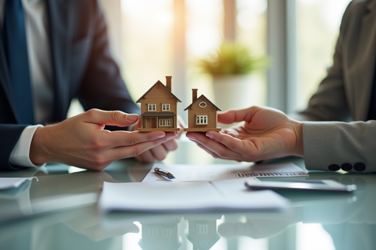 Echange de maquettes de maisons et documents de pret immobilier