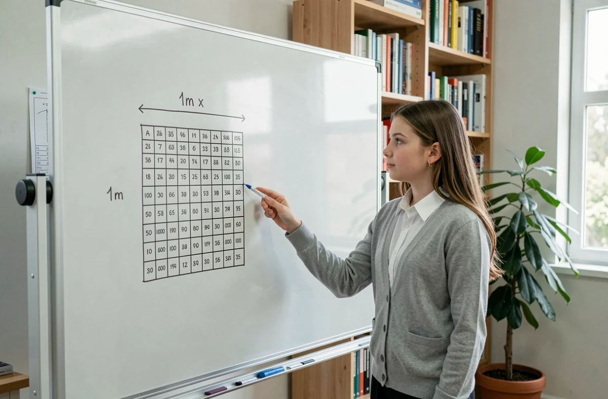 Jeune élève expliquant la conversion entre mètres carrés et centimètres carrés devant un tableau blanc avec un schéma illustré