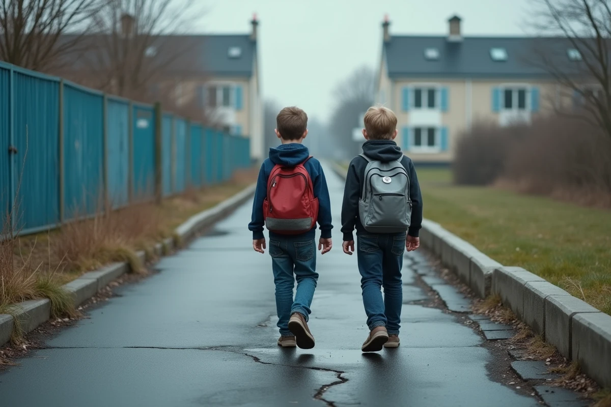 Enfants portant des cartables sur le chemin de l'école dans un quartier populaire de Toulouse, cour d'école en béton visible en fond