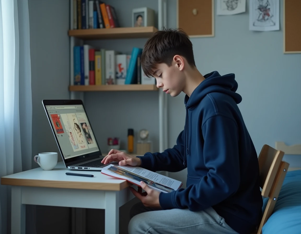 Adolescent comparant une version numérique et physique du manga Epsilon Scan sur son bureau avec un ordinateur portable