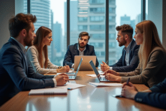 Groupe de professionnels en réunion stratégie digitale