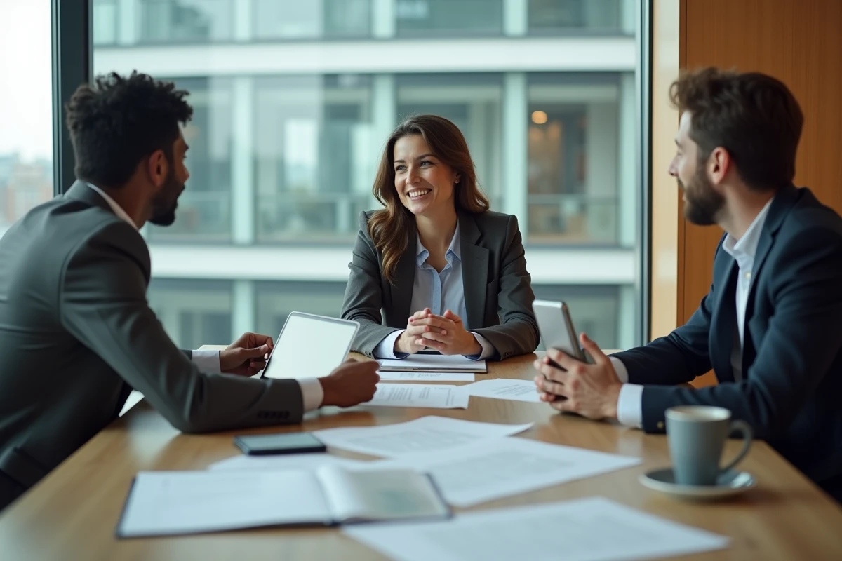 Équipe de collègues en réunion autour d'une table discutant de la communication verbatim en entreprise