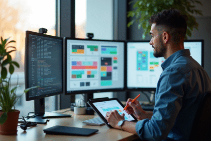 Espace de travail moderne avec un designer esquissant une interface