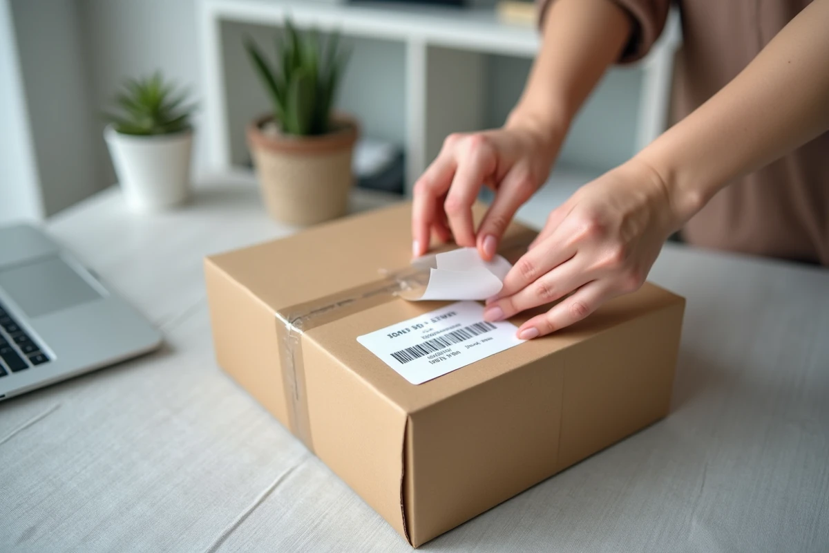 Mains appliquant une étiquette de retour autocollante sur un colis pour renvoi d'achat en ligne