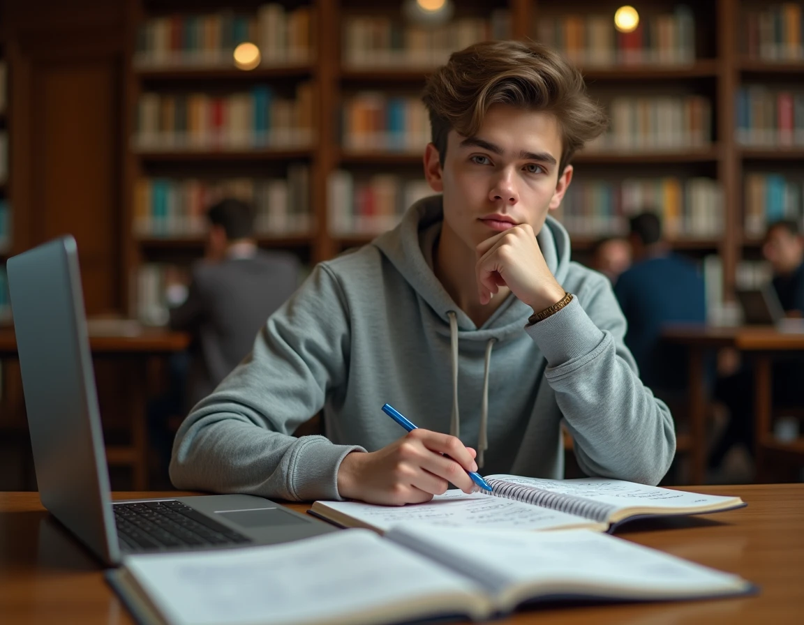 Étudiant en bibliothèque universitaire calculant une conversion de tonnes en kilogrammes sur un cahier de mathématiques