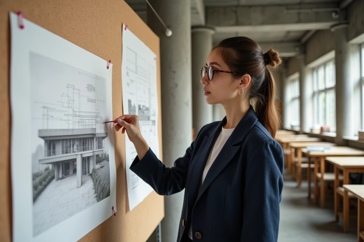 Étudiante en architecture étudiant des plans de bâtiments Marcel Breuer dans un studio universitaire avec colonnes en béton