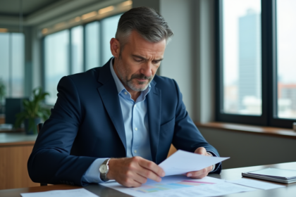Expert immobilier en costume bleu dans un bureau moderne
