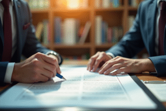 Expert juridique examinant un contrat lumineux