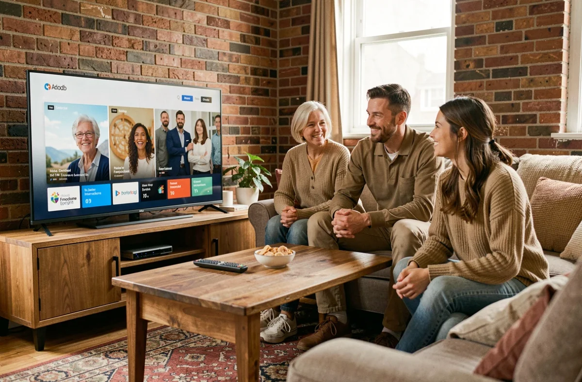 Famille réunie devant la télévision pour regarder des chaînes francophones sur Freebox Pop