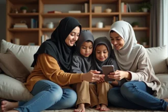 Famille musulmane réunie dans un salon avec calendrier de prières