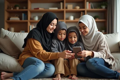 Famille musulmane réunie dans un salon avec calendrier de prières