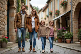 Famille souriante dans un village français pittoresque