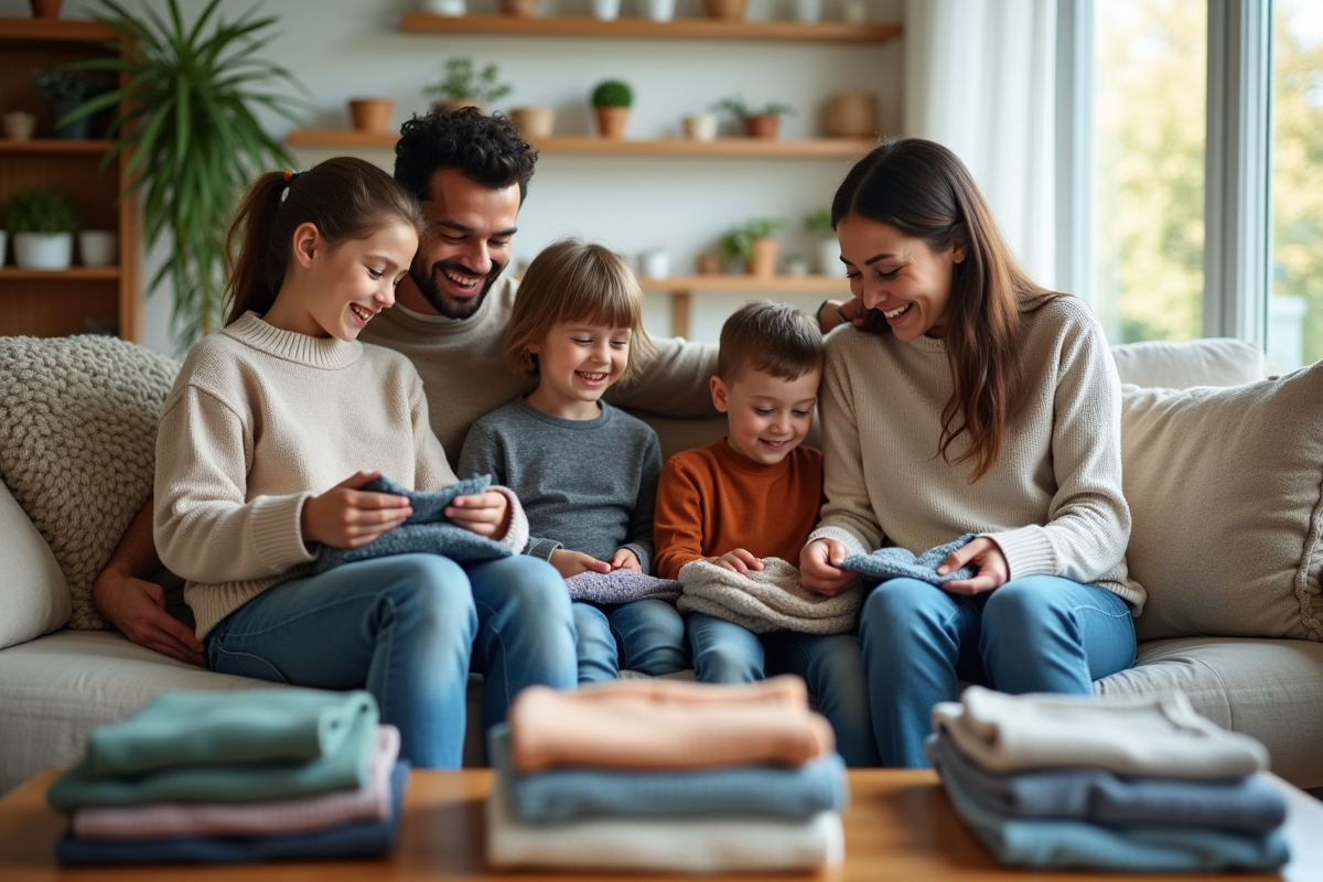 Famille de quatre pliant des vêtements dans le salon