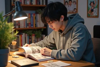 Fan de manga lisant une scanlation de One Punch Man à son bureau entouré de volumes et de notes de traduction