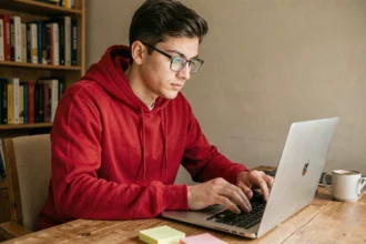 Jeune homme tapant sur un clavier d'ordinateur portable avec concentration, illustrant une faute de frappe fréquente comme Peter Parket au lieu de Peter Parker
