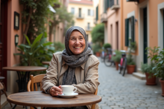 Femme agee souriante dans un café de village européen