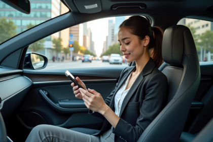 Jeune femme relaxe dans voiture autonome en ville