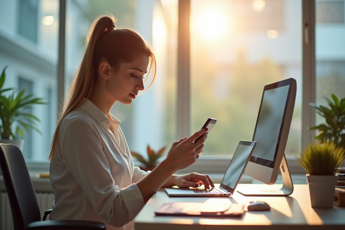 Jeune femme utilisant une application bancaire sur smartphone dans un espace lumineux