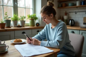 Femme regardant sa checklist d'oiseaux dans la cuisine