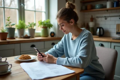 Femme regardant sa checklist d'oiseaux dans la cuisine