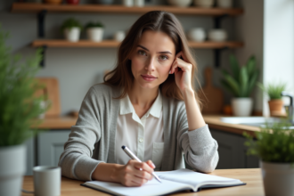 Femme en cuisine vérifiant ses dépenses mensuelles